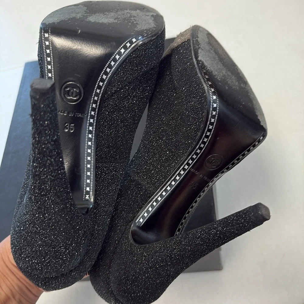 CHANEL Glitter CC Interlocking Black Heels